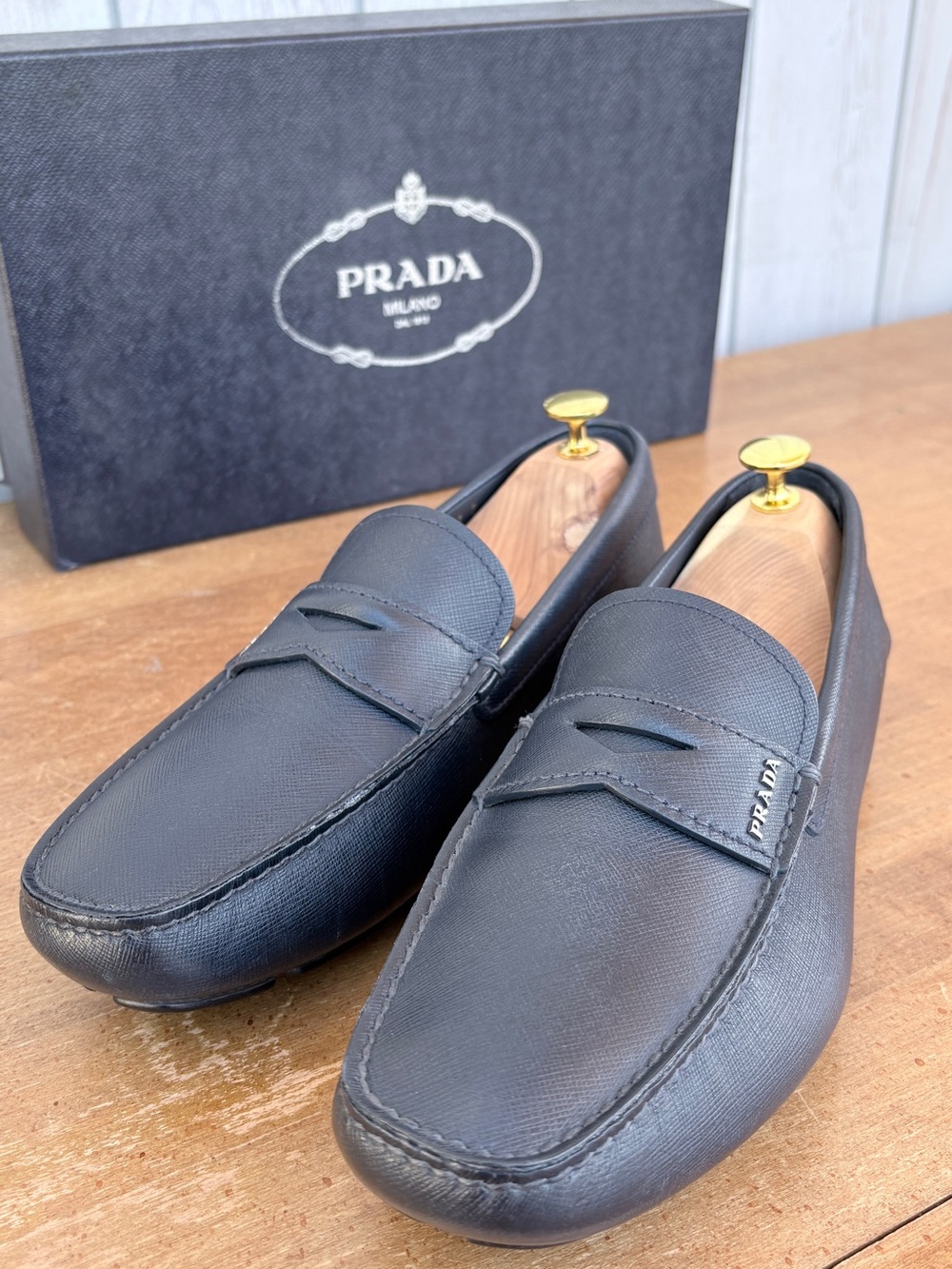 Prada Black Saffiano Leather Penny Loafers for Men - Picture 1 of 6
